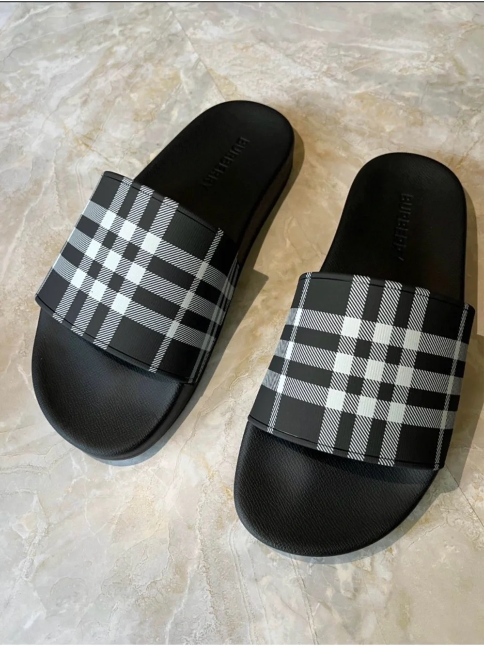 Burberry Black & White Check Slide Sandals